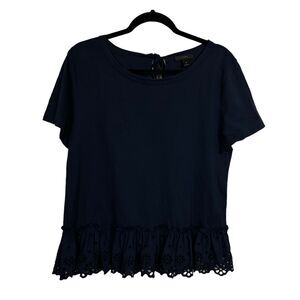 J. Crew Navy Blue Tie Back Eyelet Ruffle Short Sleeve Top Size M